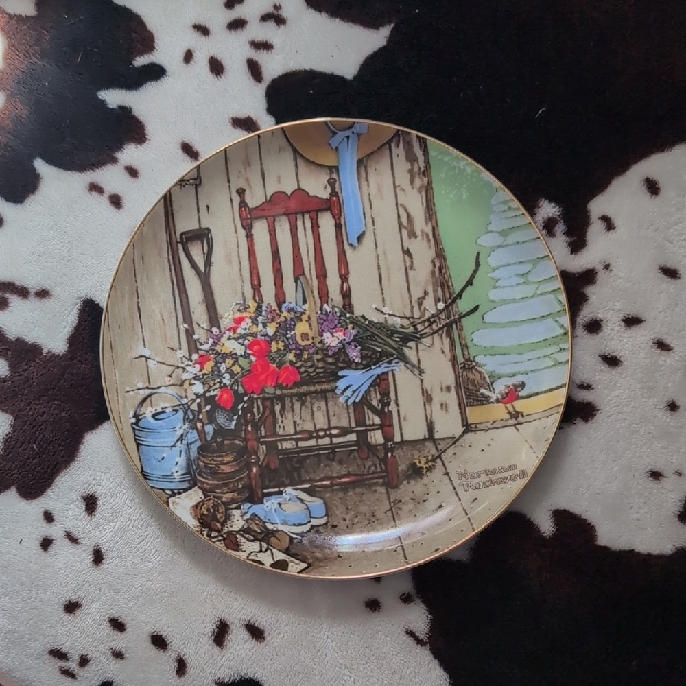 Norman Rockwell Floral Chair Plate - Red, Blue, Green Accents